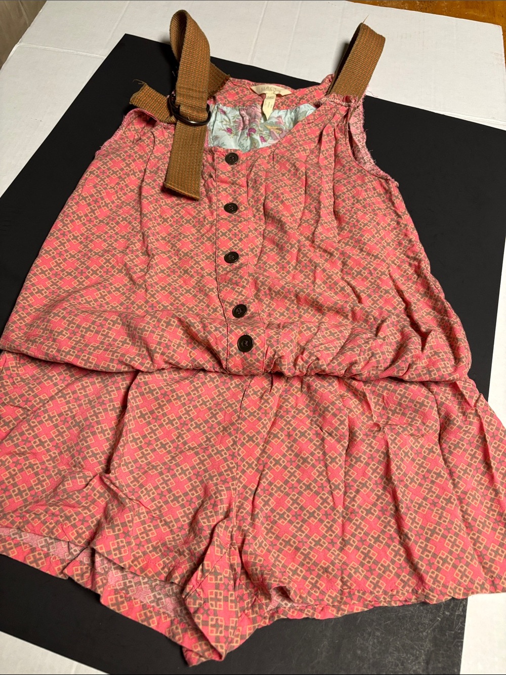 Matilda Jane Pink Patterned Sleeveless Romper with Brown Straps